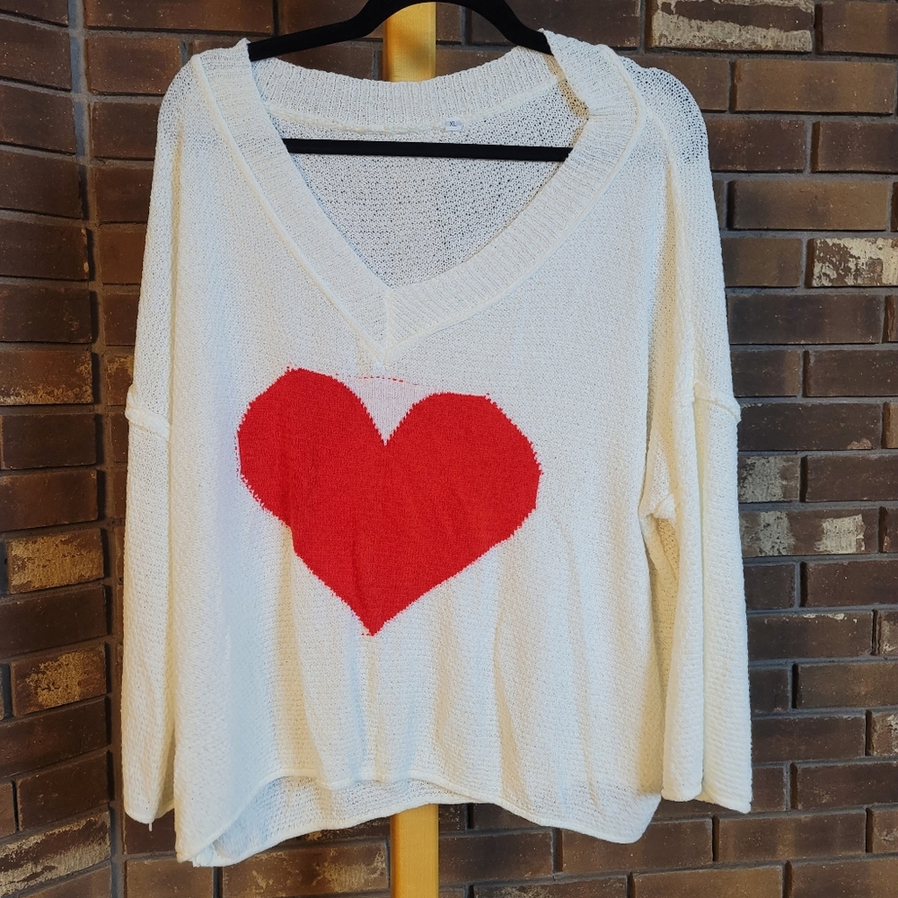 Heart Sweater top v neck red on white loose open knit drop shoulder valentines
